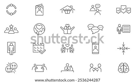 Community line icon set. Meetings, seminars, team building, business meetings, classrooms, teams, interviews, conferences, work, discussion, communication line icon set. UI thin line icon pack.