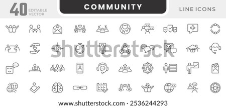 Community line icon set. Meetings, seminars, team building, business meetings, classrooms, teams, interviews, conferences, work, discussion, communication line icon set. UI thin line icon pack.