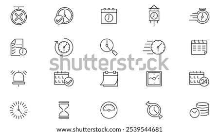 Clock line icon set. Calendar, timer, time, stopwatch, countdown, schedule, hourglass, hours,  arrow, date, event, month, day, agenda, clock line icon set. UI thin line icon pack.