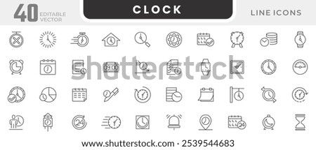 Clock line icon set. Calendar, timer, time, stopwatch, countdown, schedule, hourglass, hours,  arrow, date, event, month, day, agenda, clock line icon set. UI thin line icon pack.