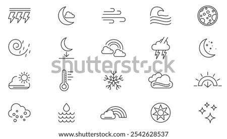 Weather and Update line icon set. Weather, rain, snowflakes, thunderstorm, update, sunny, cloudy, wind, daylight, night, temperature, sun, moon line icon set. UI thin line icon pack.