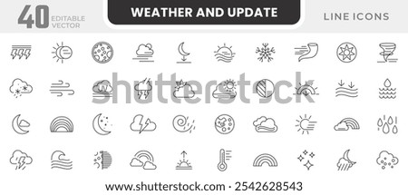 Weather and Update line icon set. Weather, rain, snowflakes, thunderstorm, update, sunny, cloudy, wind, daylight, night, temperature, sun, moon line icon set. UI thin line icon pack.