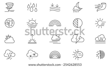 Weather and Update line icon set. Weather, rain, snowflakes, thunderstorm, update, sunny, cloudy, wind, daylight, night, temperature, sun, moon line icon set. UI thin line icon pack.