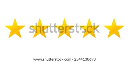 Five stars customer product review icon set. Five stars rating. Yellow 5 star flat icon for apps and websites. Quality, customer rating, feedback. Transparent png and vector illustration