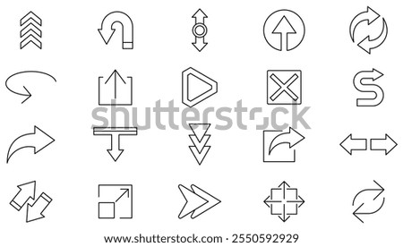 Arrows line icon set. Arrows sign, increase, reduce,  resize, increase, decrease, scalability, rotate, cursor, connection, Clicking, selecting, dragging line icon set. UI thin line icon pack.