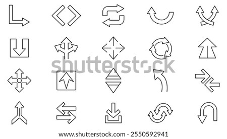 Arrows line icon set. Arrows sign, increase, reduce,  resize, increase, decrease, scalability, rotate, cursor, connection, Clicking, selecting, dragging line icon set. UI thin line icon pack.