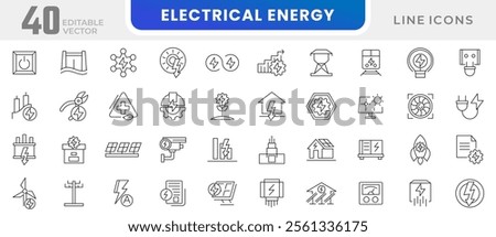 Electrical energy line icon set. Electricity, electric power, light, light bulb, ecology, green technology, power line, house line icon set. UI thin line icon pack.