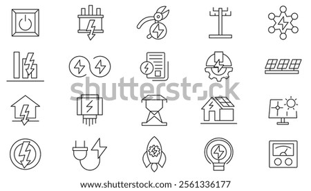 Electrical energy line icon set. Electricity, electric power, light, light bulb, ecology, green technology, power line, house line icon set. UI thin line icon pack.