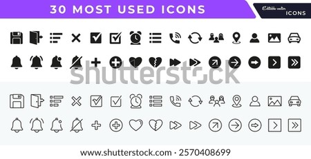 30 most used flat and line icons pack. Mobile, user interface, web, check mark, notifications, save, website outline icon set. UI fills bold icon design