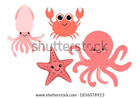 Sea creatures ilustration. Crab, octopus, squid, and starfish