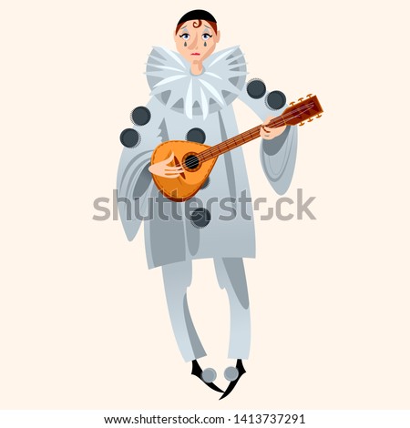 Pierrot playing mandolin. Сharacter of the Italian commedia dell’arte. Vector illustration. 