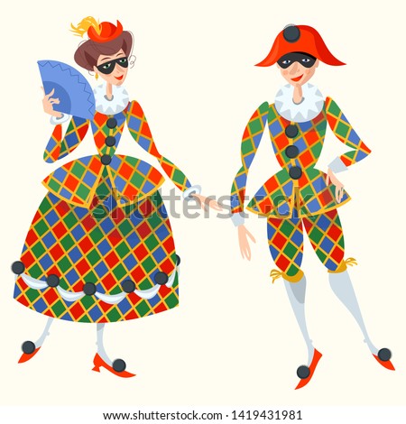 Harlequin and Columbina. Characters of Italian commedia dell’arte. Vector illustration. 