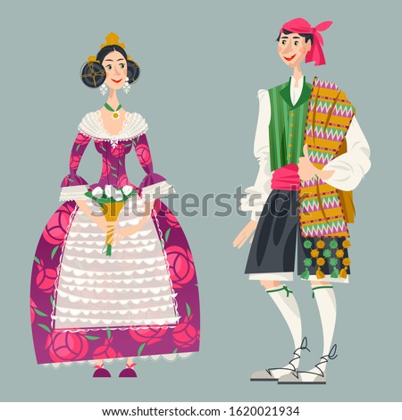 Couple in traditional clothes during the festival of Las Fallas (Festival of Fire) in Valencia, Spain. Vector illustration