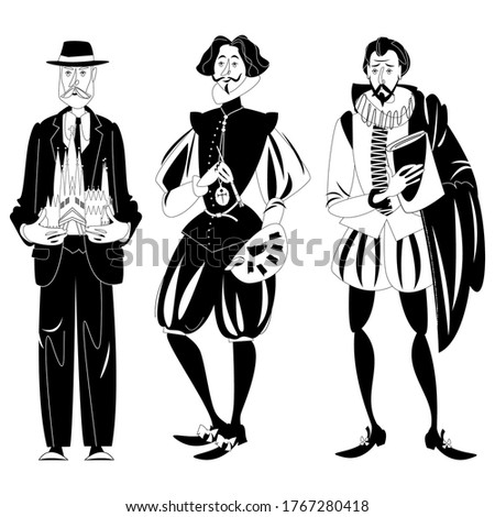 History of Spain. Famous people. Architect Antoni Gaudí, painter Diego Velázquez, writer Miguel de Cervantes. Black and white. Vector illustration. 