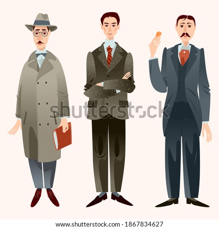 Fernando Pessoa (Portugal), Franz Kafka (Bohemia), Marcel Proust (France). Famous literary modernist writers. Vector illustration. Vector illustration. 