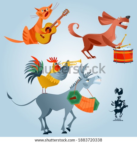 Animals play various musical instruments. A rooster with a pipe, a dog with a drum, a cat with a guitar, a donkey with an accordion. ”The Bremen Town Musicians” (German: Die Bremer Stadtmusikanten). 