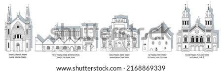 Synagogues in European cities: Kharkiv, Pilsen, Erfurt, Cracow, Caransebes. Black and white. Vector illustration

