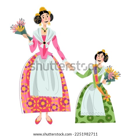 Woman and girl with flowers in traditional clothes during the festival of Las Fallas (Festival of Fire) in Valencia, Spain. Vector illustration

