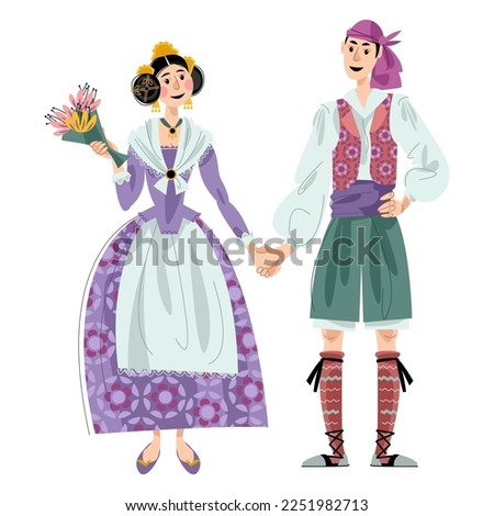Couple in traditional clothes during the festival of Las Fallas (Festival of Fire) in Valencia, Spain. Vector illustration

