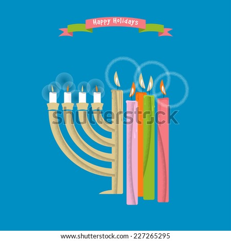 Happy Holidays. Cards with Christmas and Hanukkah candles. Vector illustration.