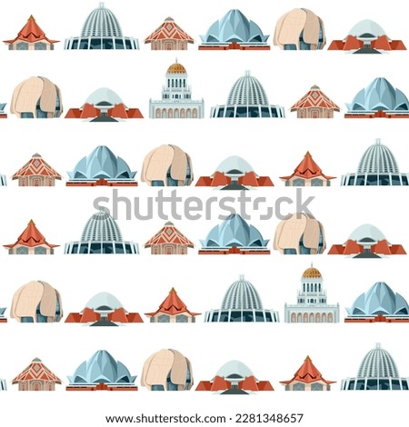 Bahai temples of the world. Bahai House of Worship in Chile, Colombia, India, Panama, Kenya, Germany, Israel. Seamless background pattern. Vector illustration 

