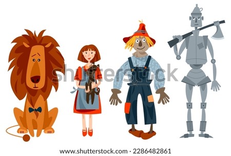 Lion, girl holding  dog in her arms, Scarecrow and  Tin Man. Сharacters of fairy tale “The Wonderful Wizard of Oz”. Vector illustration

