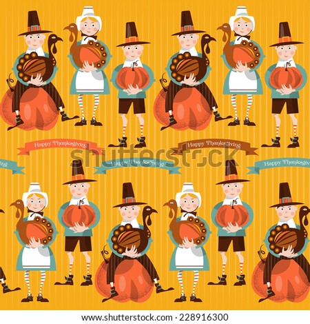Thanksgiving holiday banner with pilgrimse. Seamless background pattern.Vector illustration