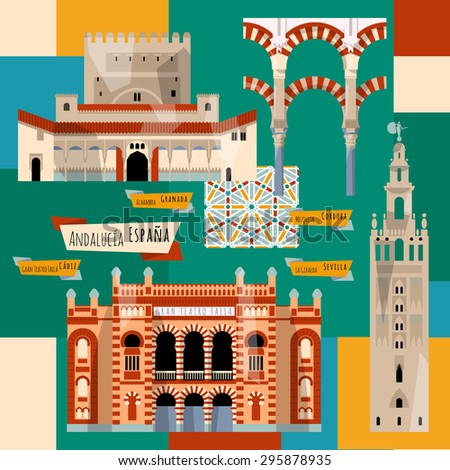 Sights of Andalusia. Seville, Granada, Cordoba, Cadiz, Spain, Europe. Vector illustration