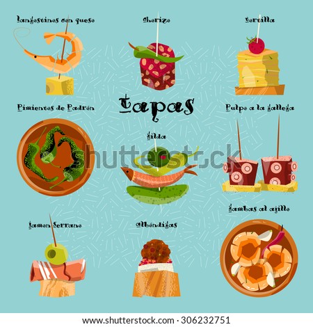 Traditional spanish snack. Selection of tapas. Vector illustration