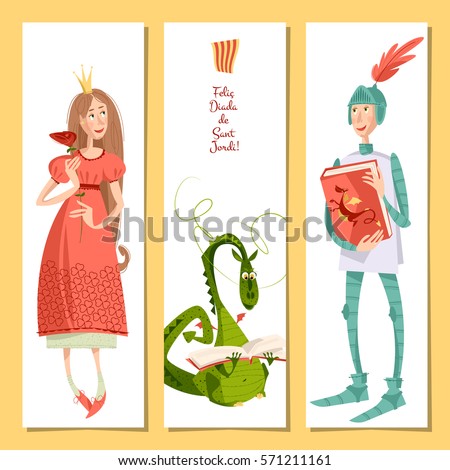 Set of universal cards with princess, knight and dragon. Diada de Sant Jordi (the Saint George’s Day). Congratulations. Template. Vector illustration