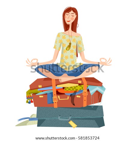 Young woman sits on overflowed suitcase in a yoga lotus pose and meditates. Preparing for journey. Travel concept. Vector illustration.