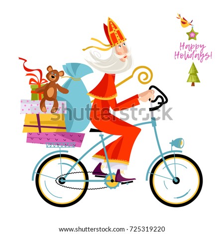 Santa Claus (Sinterklaas) on a bicycle with gifts. Christmas in Holland. Vector illustration.