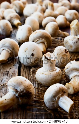 Fresh Mushrooms on jute and wooden texture. Selective focus.