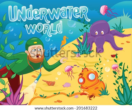Underwater world with different sea animals