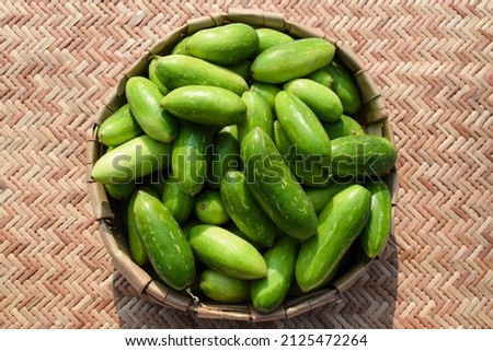 Ivy gourd or scarlet gourds known as Tindora or Ghola, green vegetables from tropical climate Indian Asian vegetables top view. Vegetables in basket Photo stock © 