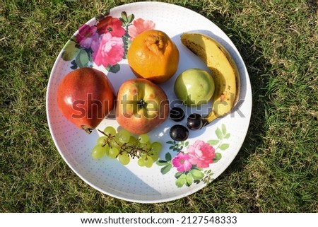 Plate ful of Fruits like Banana, Orange, Apple, Indian green jujube ber, green grapes, pomegranate and black grapes. Mix fruit photos images Stock fotó © 