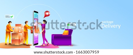 Fast online delivery service package to living room at home by courier. Women receive a package appear from screen phone by courier at home. Vector illustration