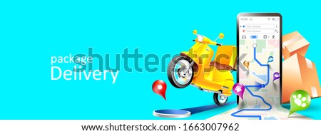 Online delivery services map tracking, scooter ,and package by mobile phone or smartphone with three dimensional concept. Vector illustration