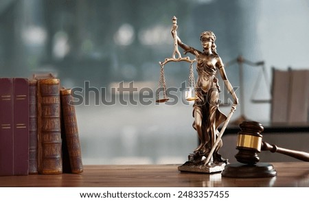 Image, Stock Photo A statue of Justice, the goddess of justice, with a sword and scales on a pedestal in front of a scenic sunset