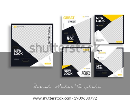 Set of Editable minimal square banner template. Black yellow background color with geometric shapes for social media post and web internet ads. Vector illustration 