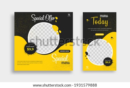 Food Editable minimal square banner template. Black and yellow background color with stripe line shape. Suitable for social media post and web internet ads. Vector illustration with photo college