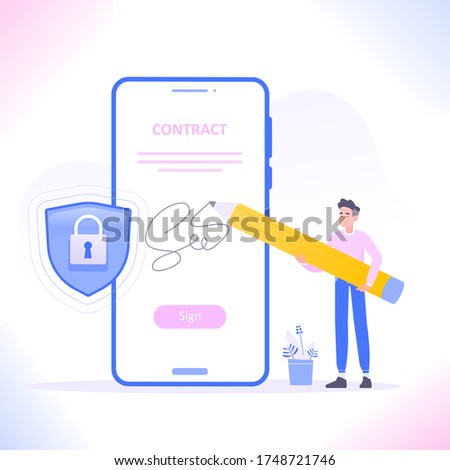 Digital signature or e-signature concept. Signing electronic business contract document with digital signature, vector illustration Photo stock © 