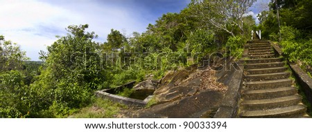 Panoramic view to the stone steps leading to the shrine surrounded by nature