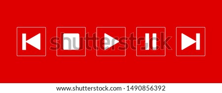 Music or Media Player Icons with Square Shape Combination and Red Background. Five White Music Player icon design included Play, Pause, Stop, Next and Previous button