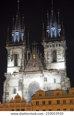 Prague. Church night view/Night view of church our lady before tyn facade