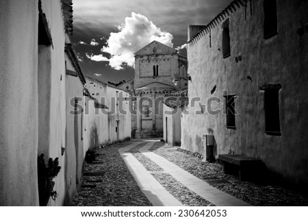 Pathway to cathedral/ the center of a village in black and white