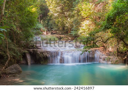 Deep forest waterfall at level 3 Erawan waterfall National Park, Kanjanaburi Thailand