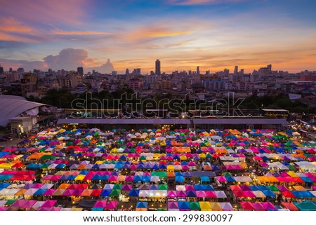 Bangkok Flea market aerial view with beauty of sunset
