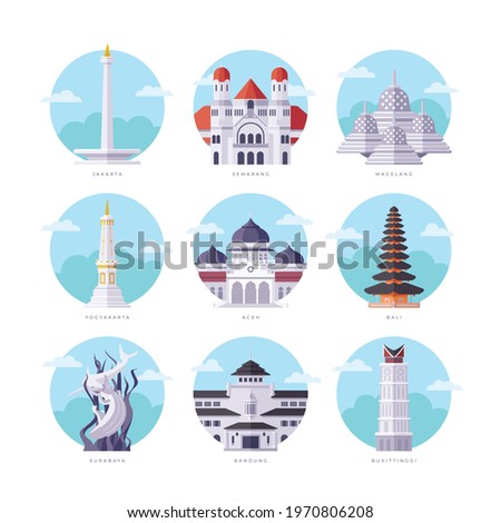 Famous Indonesia Landmarks Flat Vector Illustration