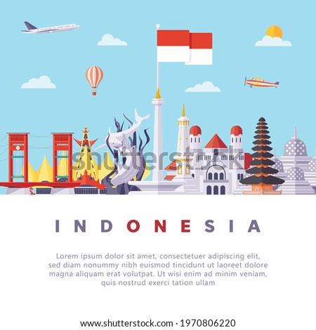 Famous Indonesia Landmarks Flat Vector Illustration